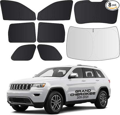 Wigoo 2026 8PC Full Set Window Sunshade for Jeep Grand Cherokee 2011-2021 | 7-Layer Cooler & Blacker, Ice-Crystal Tech, Full Set Shades With Windshield for Sun Block, Camping Accessories by wigoo