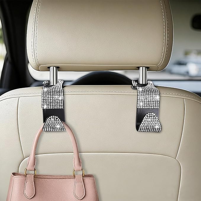 HZEL 4PCS Crystal Rhinestone Vehicle Headrest Hooks for Bags, White | plastic and rhinestone build, snap-on headrest mounting, holds bags and umbrellas, uses seatback space, fits vehicles - Image 3