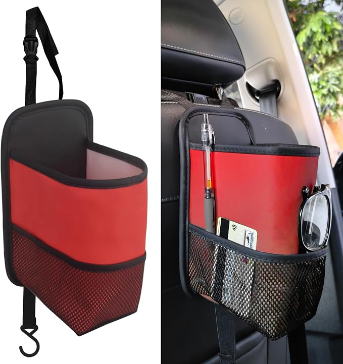 2-in-1 Large Cup Holder, Car Water Bottle Holder, 80 oz Waterproof Leather Car Seat Side Organizer, Multifunctional Seat Side Storage Hanging Bag with Mesh Pocket Fit for Most Vehicles (Red) by QZTYTY