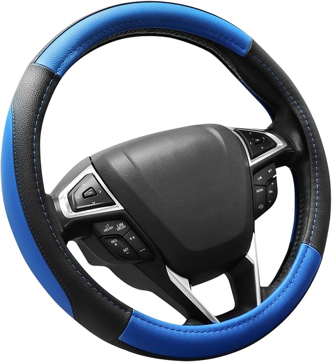 SEG Direct Steering Wheel Cover 14.5-15 inch Car Auto Interior Accessories | Universal Medium Standard Size 37-39cm for Car Truck SUV, Microfiber Leather, Anti-Slip Comfortable Grip, Black and Blue by SEGDirect