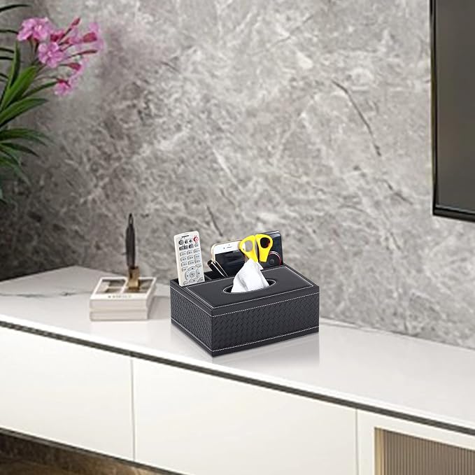 Tissue Box Cover Rectangle Black Tissue Box Holder PU Leather Facial Tissue Organizer,Multifunctional Remote Control Stationery Storage Box,Home Office Supplies Car Napkin Caddy - Image 9