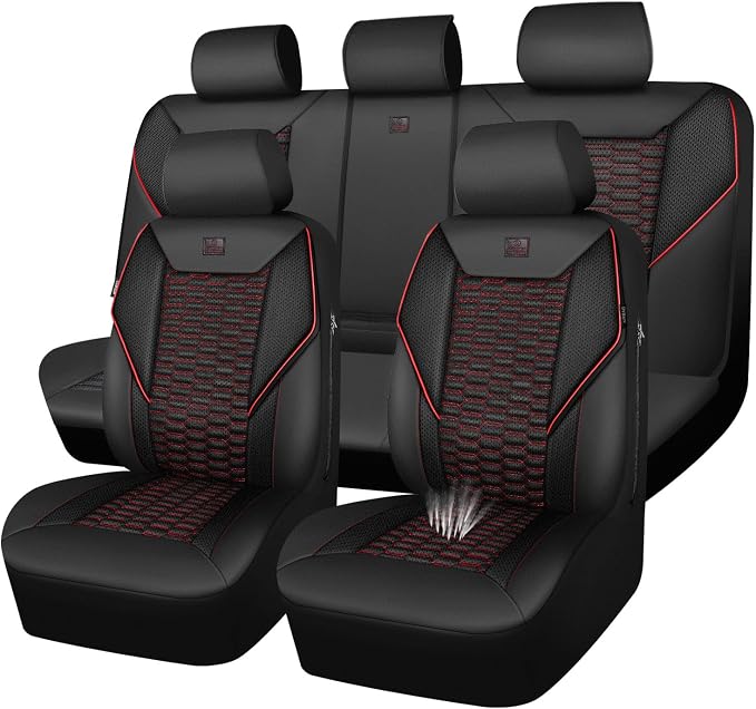 CAR PASS 3D Foam Mesh Leather Car Seat Covers Full Set,Breathable Mesh Faux Leather Seat Covers for Car,Universal Fit for SUV Truck Sedan Automotive, Armrest Airbag Compatible,Black and Red by CARPASS