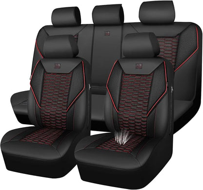 CAR PASS 3D Foam Mesh Leather Car Seat Covers Full Set,Breathable Mesh Faux Leather Seat Covers for Car,Universal Fit for SUV Truck Sedan Automotive, Armrest Airbag Compatible,Black and Red by CARPASS