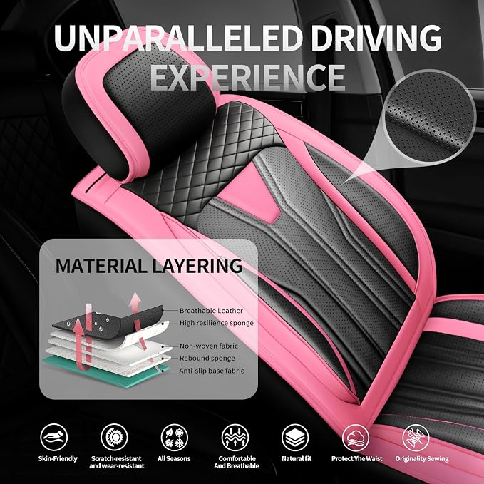 Fit Corolla Premium Leather Car Seat Covers for Toyota Corolla 2000-2025 2026 - Waterproof，Breathable，All-Weather Seat Cushion Protecto & Airbag Compatible, 2 Front Seat Pink&Black - Image 2