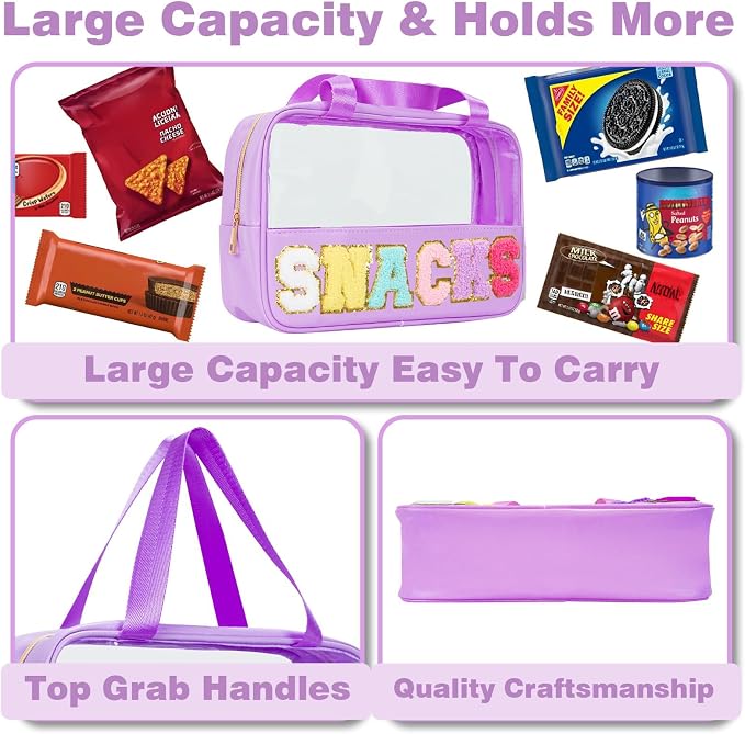 Snack Bags Chenille Letter Patch Clear Bag for Travel, Preppy Cosmetic Bag Snack pouch with Zipper, Toiletry Bag for Traveling Women, Clear Travel Bags for Toiletries (Deep Purple) - Image 2