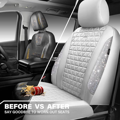 CAR PASS All White Bling Diamond Leather Car Seat Covers Full Sets,Waterproof Shining Glitter Sparkly Crystal Universal Fit for Automotive Truck SUV Cute Women Girl Airbag Compatable,Sliver Rhinestone - Image 8