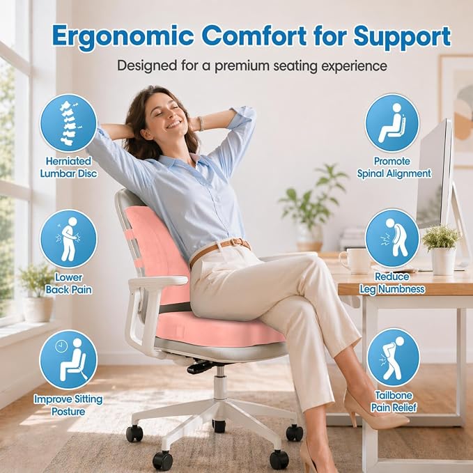 CloudBliss Ergonomic Seat Cushion & Lumbar Support Pillow Set, Pink, XL | Back Pain & Sciatica Relief, Memory Foam Support, Adjustable Straps, Machine Washable Velvet, Perfect for Office, Car, Gaming - Image 2