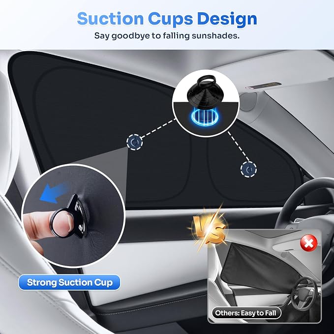 Canvcle Upgraded Window Shades for Tesla Model Y Juniper 2025 2026 Accessories with Suction Cups Windshield Sun Shade Side Rear Window Covers Sunshade Sun Shield Privacy Protection Camping Black 8PCS - Image 3