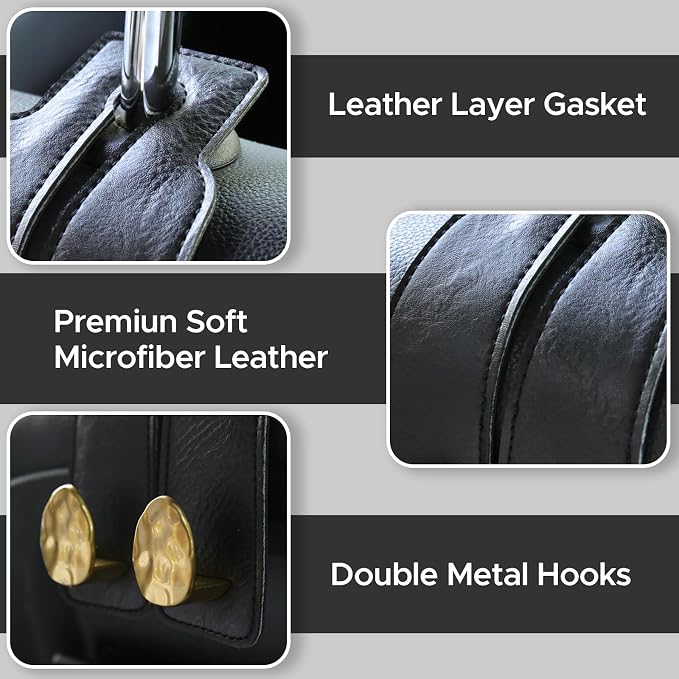 Leather Car Purse Hook for Headrest, 2 Pack, Black-Gold | Twin Hooks Headrest Hangers, 2/4 Pack, No-Slip, Scratch-Proof, Holds Purses, Backpacks, Grocery Bags, Car Organizer Gift - Image 6