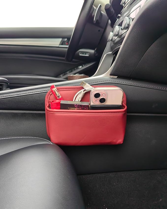 Car Seat Side Pocket Organizer for Car Doors and Consoles, Burgundy | Reusable Adhesive Car Storage Bag, Holds phones keys wallet sunglass etc, Suitable for all vehicles, PU Leather - Image 4