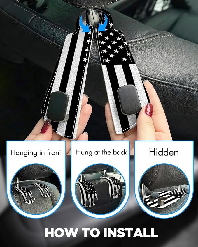 WOCOCN Purse Holder for Car, 2 Pack Heavy Duty Purse Hanger for Car, Flag | PU Leather Car Seat Hooks for Purses and Bags, Cute Floral Headrest Organizer for Handbags & Backpacks - Image 3