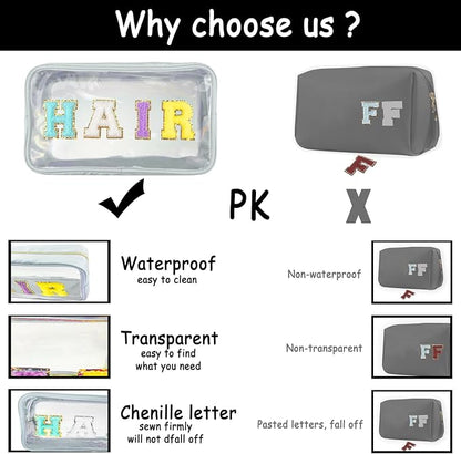 Bunliuys Chenille Letter Clear Makeup Bag Travel Patch, Travel Toiletry Makeup Bag with Handle, Nylon Waterproof Makeup Bags clear cosmetic bag, preppy patch makeup bag for Women (SNACKS-White) - Image 4
