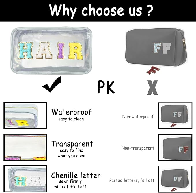 Bunliuys Chenille Letter Clear Makeup Bag with Nurse Patch, Travel Toiletry Makeup Bag with Handle, Nylon Waterproof Cosmetic Bag, Preppy Patch Makeup Bag for Women (NURSE-Black) - Image 4