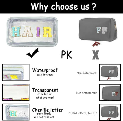 Chenille Letter Clear Makeup Bag Stuff Patch, Travel Toiletry Makeup Bag with Handle, Nylon Waterproof Makeup Bags clear cosmetic bag, preppy patch makeup bag for Women (STUFF-Black) - Image 4