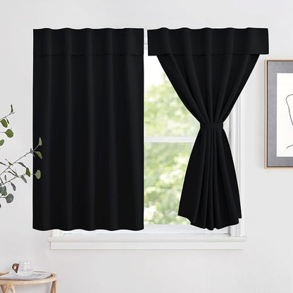 NICETOWN Black Kitchen Curtains 48 Inches Long for Small Window | Thermal Insulated Solid Self Sticky Adjustable Curtain Panels for Cupboard Loft Cafe Dining Room, 52" x 48", 1 Panel by NICETOWN