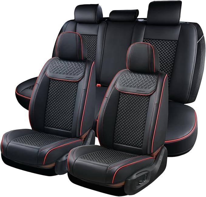 Coverado Leather Seat Covers for Car, Waterproof Car Seat Covers Full Set, 2 in 1 Conversions Car Seat Cover Protector Car Accessories Universal Fit for Most Cars SUVs and Trucks (Black&Red) by COVERADOAUTO