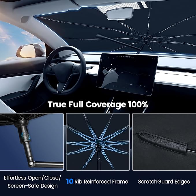 Windshield Sun Shade Umbrella for Ford F150 2015-2026 | Easy to use & storage, 4-Layer Reflective Material, UV Block, 10-Rib, 360° Bendable Handle, Front Window Sun Visor - Image 3