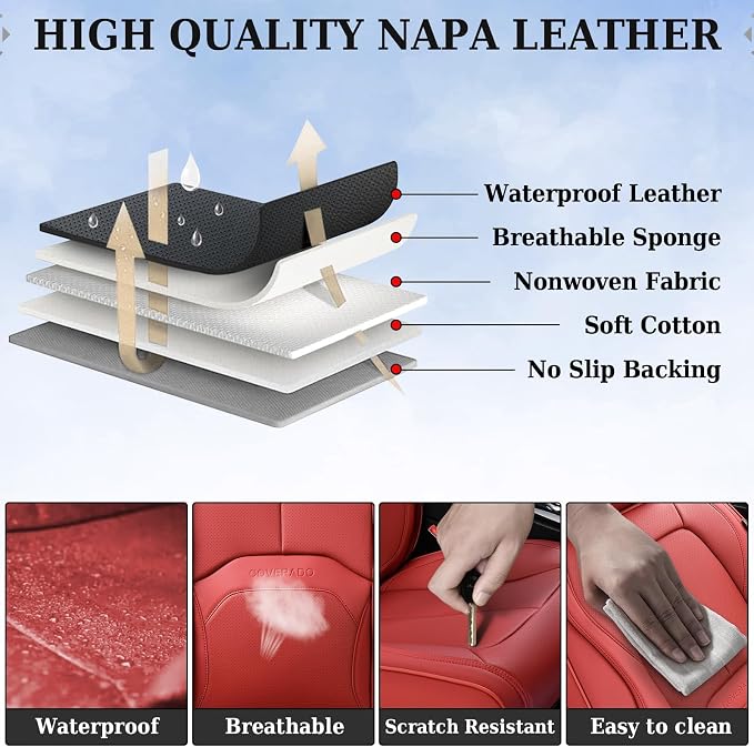 Coverado Seat Covers, Car Seat Covers Front Seats, Premium Nappa Leather Seat Covers for Cars, Waterproof Car Seat Protector with Lumbar Support, Front Seat Covers Universal Fit for Most Cars (Red) - Image 3