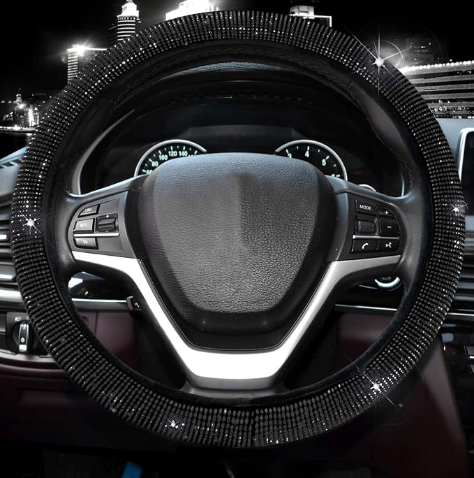 Steering Wheel Cover for Women Men Bling Bling Crystal Diamond | Sparkling Car SUV Wheel Protector Universal Fit 15 Inch (Black with Black Diamond, Standard Size(14" 1/2-15" 1/4)) - Image 2