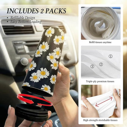 Car Tissues Cylinder for Cup Holder - Refillable Round Tissues Canister with 2 Packs Tissue - Boho Floral Car Interior Accessories for Women & Men - Cute Flower Cars Decorations (Daisy) - Image 5