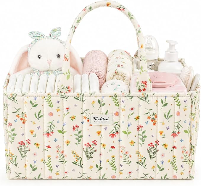 Maliton Diaper Caddy Organizer with 2 Side Pockets, Portable, Spring Floral | with Handle and Removable Dividers, Nursery Storage Basket, Car Organizer for Diapers & Wipes. Boy & Girl Shower Gift by Maliton