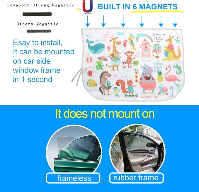 Car Window Shades for Side Windows Baby and Kids,Car Back Window Sun Shade Covers,Strong Magnetic Sunshades Curtains for Truck,27.5" x 19.5" (Animal Friends) - Image 3