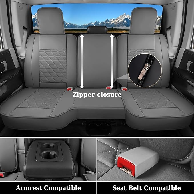 Coverado Dodge Ram Seat Cover Full Set, Waterproof Ram 1500 Seat Cover Compatible with 2002-2026 Dodge RAM 1500 2500 3500 Crew Quad Cab with Curved Bench, Dark Gray - Image 3