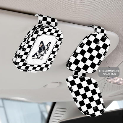 2 Pack Magnetic Leather Sunglass Holder, Universal Magnetic Car Eyeglass Hanger Clip for Different Size Eyeglasses, Car Visor Accessories (Checkered Dog) - Image 3