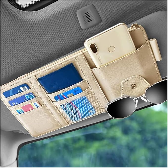 Car Sun Visor Organizer, Auto Car Interior Leather Accessories Storage Pocket Sun Visor Pouch Case Bag for Card License Registration Pen Mobile Phone Bill Note Key Document (Beige) - Image 4