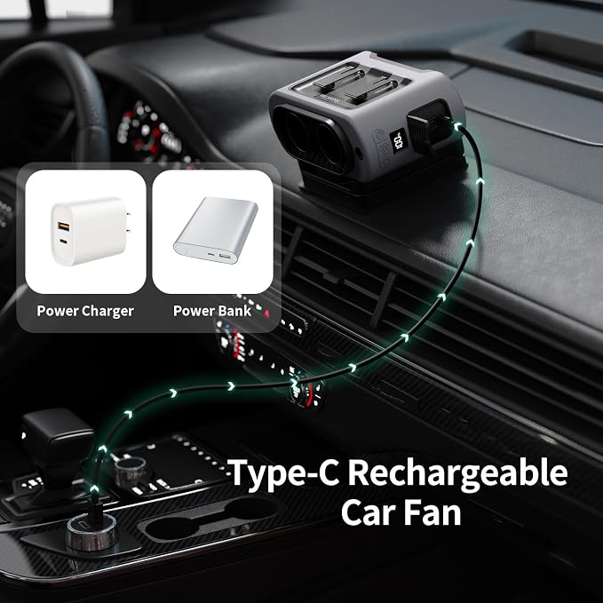 Socool Portable Car Fan - 14500mAh Rechargeable Battery Opearated, Clip on Car Seat Headrest 360 Rotatable, 5-Speed Backseat Fans for Baby Rear Facing Cooling with Dual Air Outlets for SUV RV Truck - Image 7