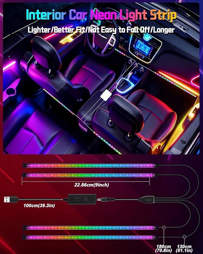 RGB-IC Car Interior Lights, 48 LED USB Under Dash Ambient Light Strips | 16 Million Colors, APP & Remote Control, Color Changing Footwell Lighting for SUVs, Trucks and Car Interior Accessories - Image 7