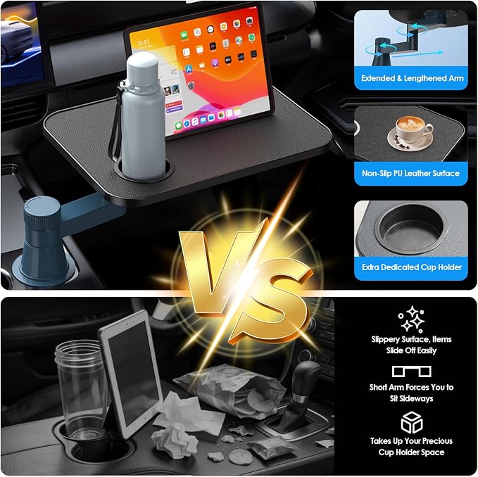 Car Tray& Car Desk for Laptop,Dual 360° Rotating,Anti Slip Leather Surface, Food Tray, Cup Holder Table Compatible with Tesla Model Y/3/S, Ford F150/Explorer/Maverick/Home Theater Seating (Black) - Image 7