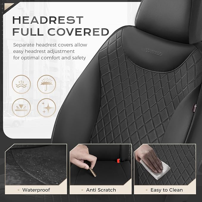 Coverado Front Seat Covers, Black Leather Car Seat Covers 2-Pack, Waterproof Car Seat Protectors, Automotive Seat Covers, Driver Seat Covers Universal Car Seat Cushions Fit for Most Sedan, SUV, Truck - Image 6