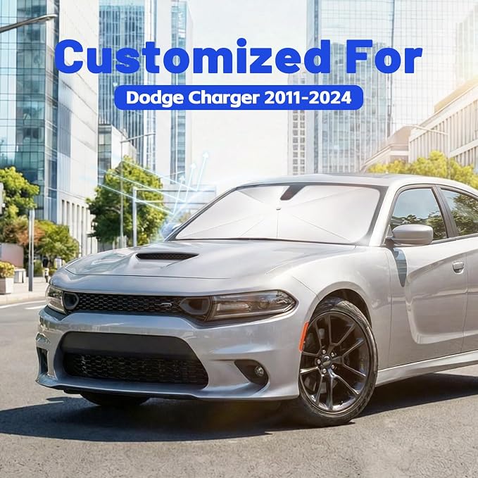 Car Windshield Sun Shade Umbrella for Dodge Charger 2011-2024, 1:1 Fit | [Reflective Coated Fabric] Car Shades Sun Visor Keep Car Cool and Protects Interior, Sunshade Umbrella for Front Window - Image 2