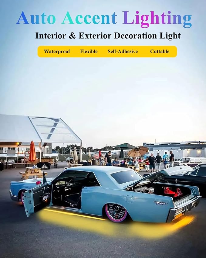YM E-Bright IP68 Waterproof LED Strip Lights, 24inch 72SMD 12V Amber 4 Pack | Cuttable underglow strips suit compatible cars, motorcycles, boats, and golf carts for interior or exterior accent lighting. - Image 4