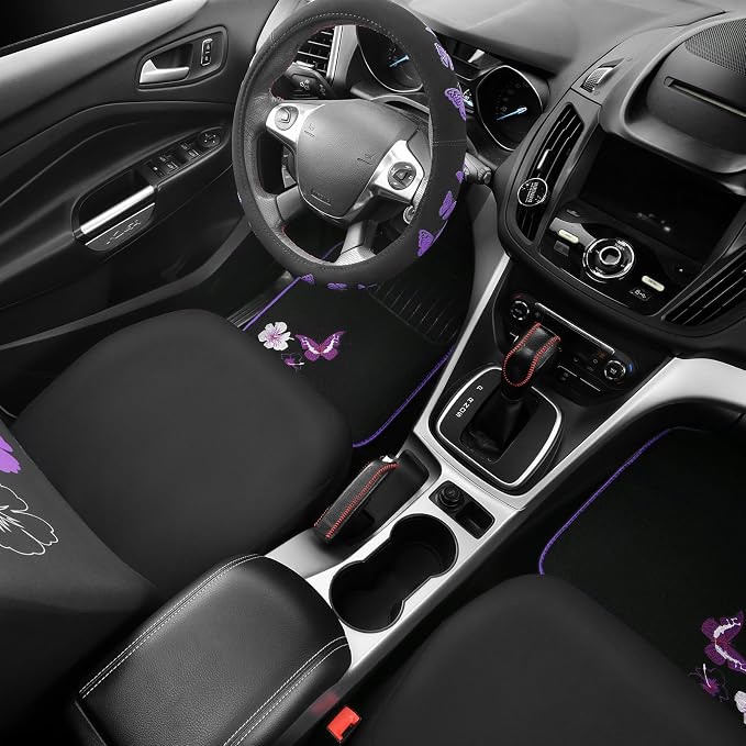 CAR PASS Universal Cloth Butterfly Car Seat Covers Full Set, Embroidered Flower Waterproof Car Floor Mats Carpet, Butterflies Steering Wheel Cover for Car Accessories Interior Sets (Black and Purple) - Image 3