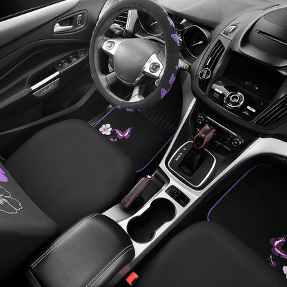 CAR PASS Universal Cloth Butterfly Car Seat Covers Full Set, Embroidered Flower Waterproof Car Floor Mats Carpet, Butterflies Steering Wheel Cover for Car Accessories Interior Sets (Black and Purple) - Image 3