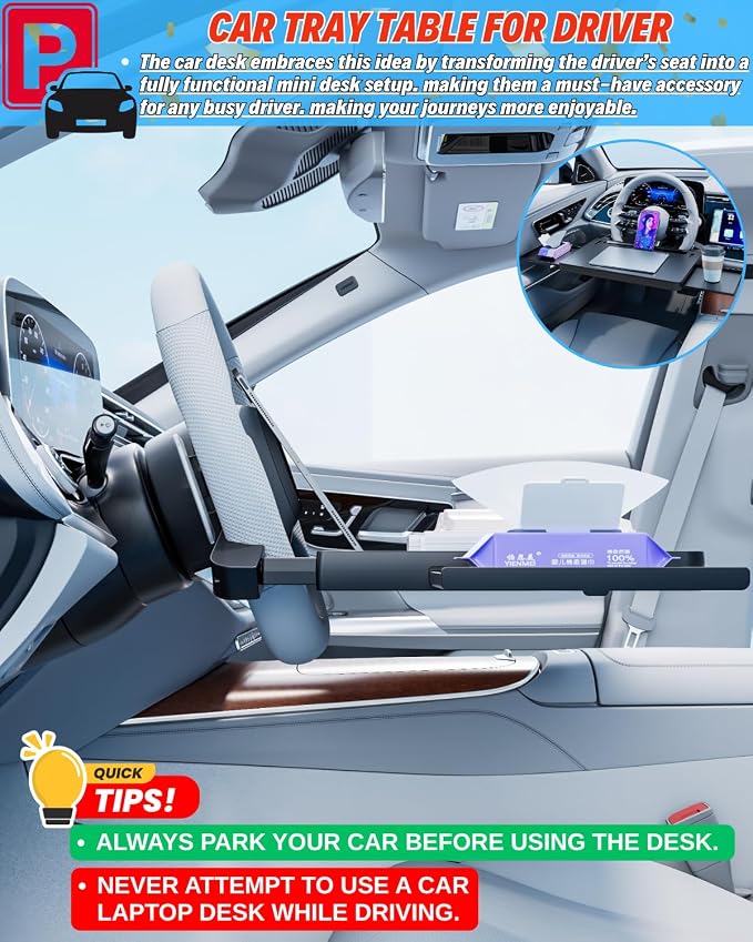 Steering Wheel Laptop Tray for Car, Adjustable Workstation Desk | Fits Most Steering Wheels with Cover, Dual Slide-out Trays Expand Workspace, Stable Laptop Surface, Sturdy for Meals & Work - Image 5
