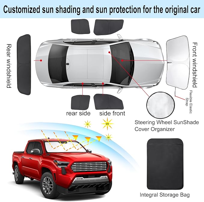 6PCS Windshield Sun Shade Custom Fit for 2024 Toyota Tacoma Accessories Foldable Sunshade Side Rear Window Shade Cover Full Set Privacy Protection Keeps Car Cool - Image 3