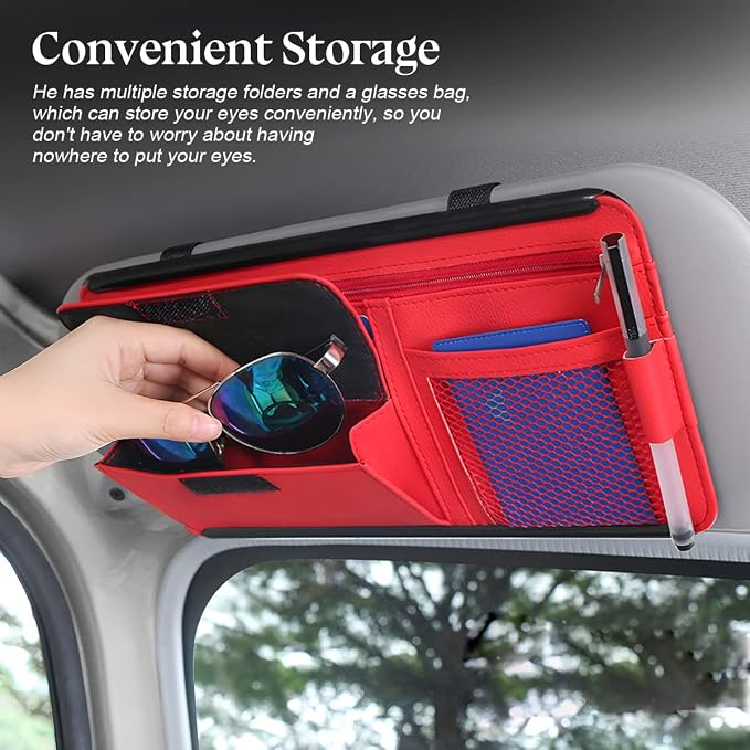 Zipelo 12.2 x 6.5 Inch PU Leather Car Sun Visor Organizer, Brown | ABS backing, mesh and zipper pockets, holds cards glasses pens and cables, dual elastic strap mounting, fits most sunshades - Image 3