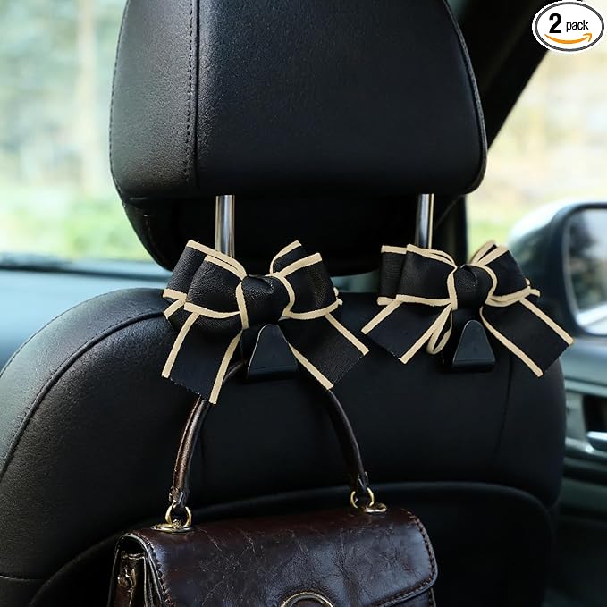 2PCS Car Seat Headrest Hooks, Car Purse Hook, Cute Bow Knot Vehicle Seatback Hanging Storage Organizer, Auto Seatback Decor Organizer Hanger for SUV Truck (White Line) by Unknown