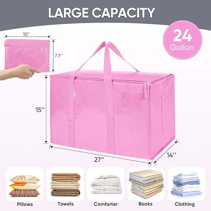 TICONN 8 Pack Extra Large Moving Bags Heavy Duty with Zippers & Carrying Handles, Durable Storage Bags Moving Boxes for Closet Organizers and Storage (8 Pack, Pink) - Image 5