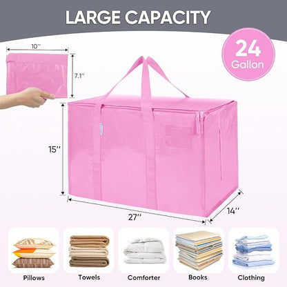 TICONN 2 Pack Extra Large Moving Bags Heavy Duty with Zippers & Carrying Handles, Durable Storage Bags Moving Boxes for Closet Organizers and Storage (2 Pack, Pink) - Image 5
