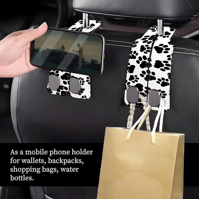 Car Seat Headrest Hook, Universal Leather Cute Hanger Holder Hook, Storage Organizer Interior Accessories for Purse Bags Handbag Black White Dog Paws - Image 2