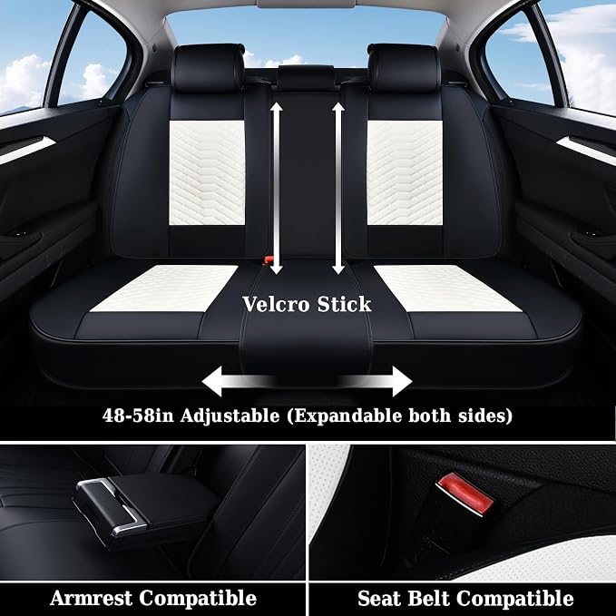 Coverado Leather Seat Covers, Car Seat Covers Full Set, Waterproof Nappa Leather Car Seat Cover, Car Seat Protectors 5 Seats, Black & White Automotive Seat Covers Fit for Most Cars Trucks - Image 3