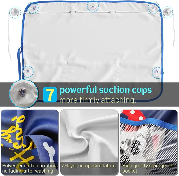 DIZA100 2 Pack Car Window Shade for Baby, Blackout Car Sun Shades with Storage Pockets, 7 Suction Cups, Blue, Cute Patterns for Sun/Heat/UV Rays Protection, Standard Passenger Cars - Image 4