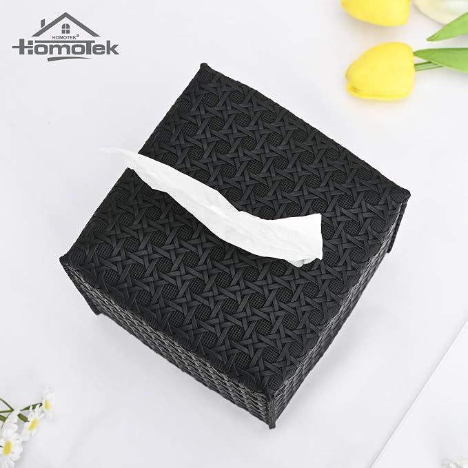HOMOTEK 2 Pack Tissue Box Cover, Square PU Leather Tissue Holder, Decorative Facial Tissue Cube Paper Organizer Dispenser for Bathroom, Night Stands, Desk, Car 5X5X5'' - Rattan Weave,Dark Black - Image 2
