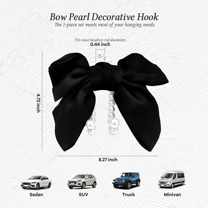 2PCS Satin Bow Pearl Car Seat Headrest Hooks – Car Bag Holder & Vehicle Hanger for Purses – Cute Coquette Aesthetic Interior Decoration – Cute Auto Organizer Accessories Universal (Black) - Image 3