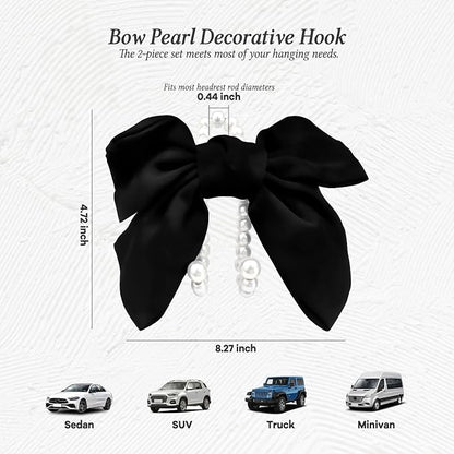 2PCS Satin Bow Pearl Car Seat Headrest Hooks – Car Bag Holder & Vehicle Hanger for Purses – Cute Coquette Aesthetic Interior Decoration – Cute Auto Organizer Accessories Universal (Black) - Image 3