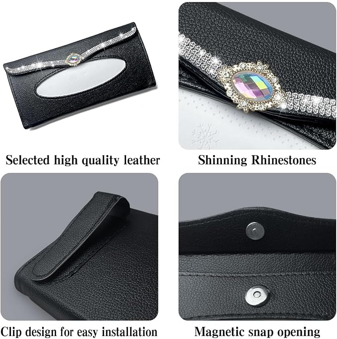 Bling Car Tissue Holder Rhinestones Visor for Auto Black Interior Accessories for Women - Image 3
